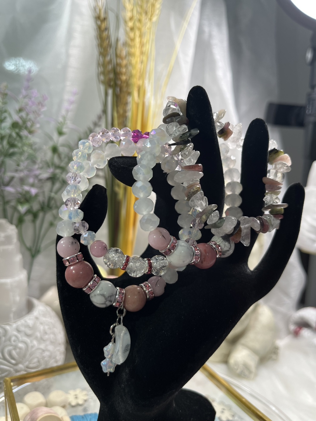 Rhodonite, Cherry Blossom, Clear Quartz with Half Moon Charm