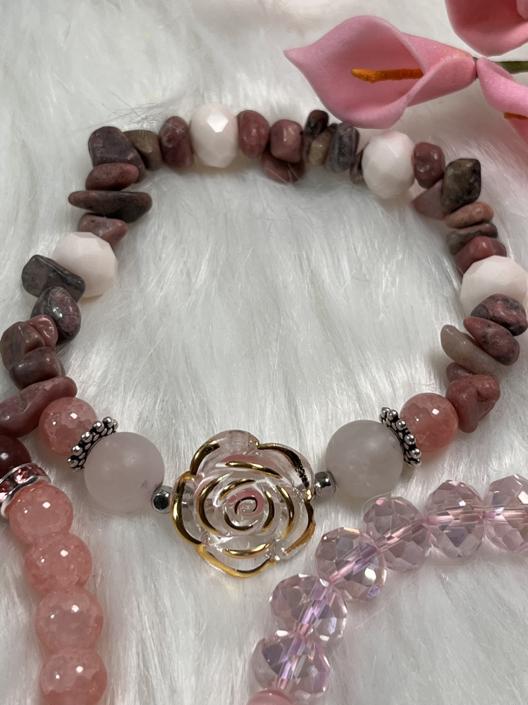 Rose and Bee on Rhodonite, RoseQuartz and Aventurine Bracelet - photo 3