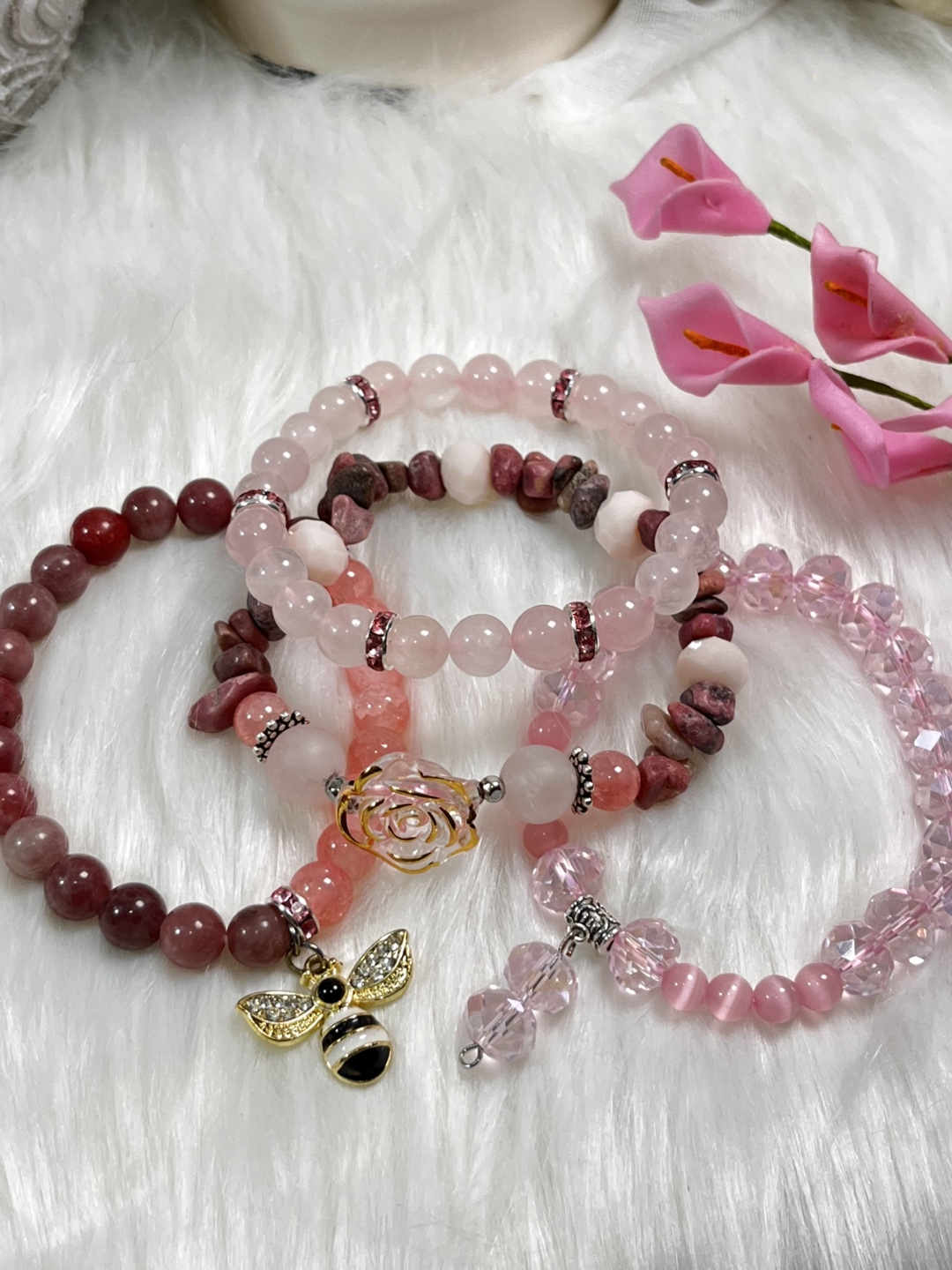 Rose and Bee on Rhodonite, RoseQuartz and Aventurine Bracelet - photo 2