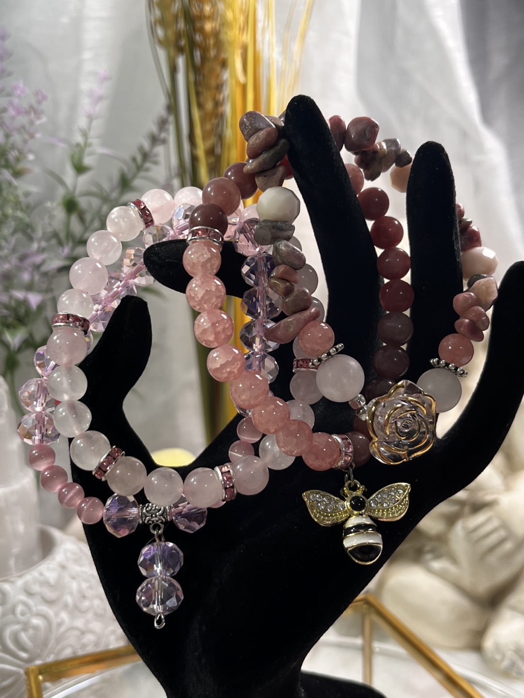 Rose and Bee on Rhodonite, RoseQuartz and Aventurine Bracelet