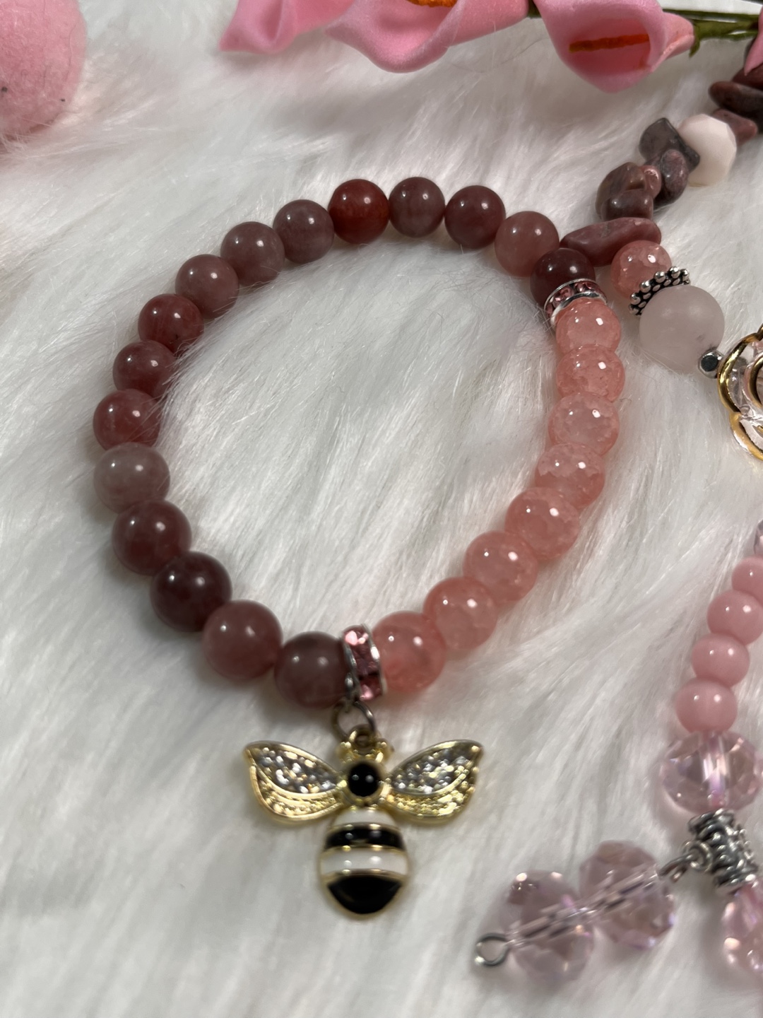 Rose and Bee on Rhodonite, RoseQuartz and Aventurine Bracelet - photo 4