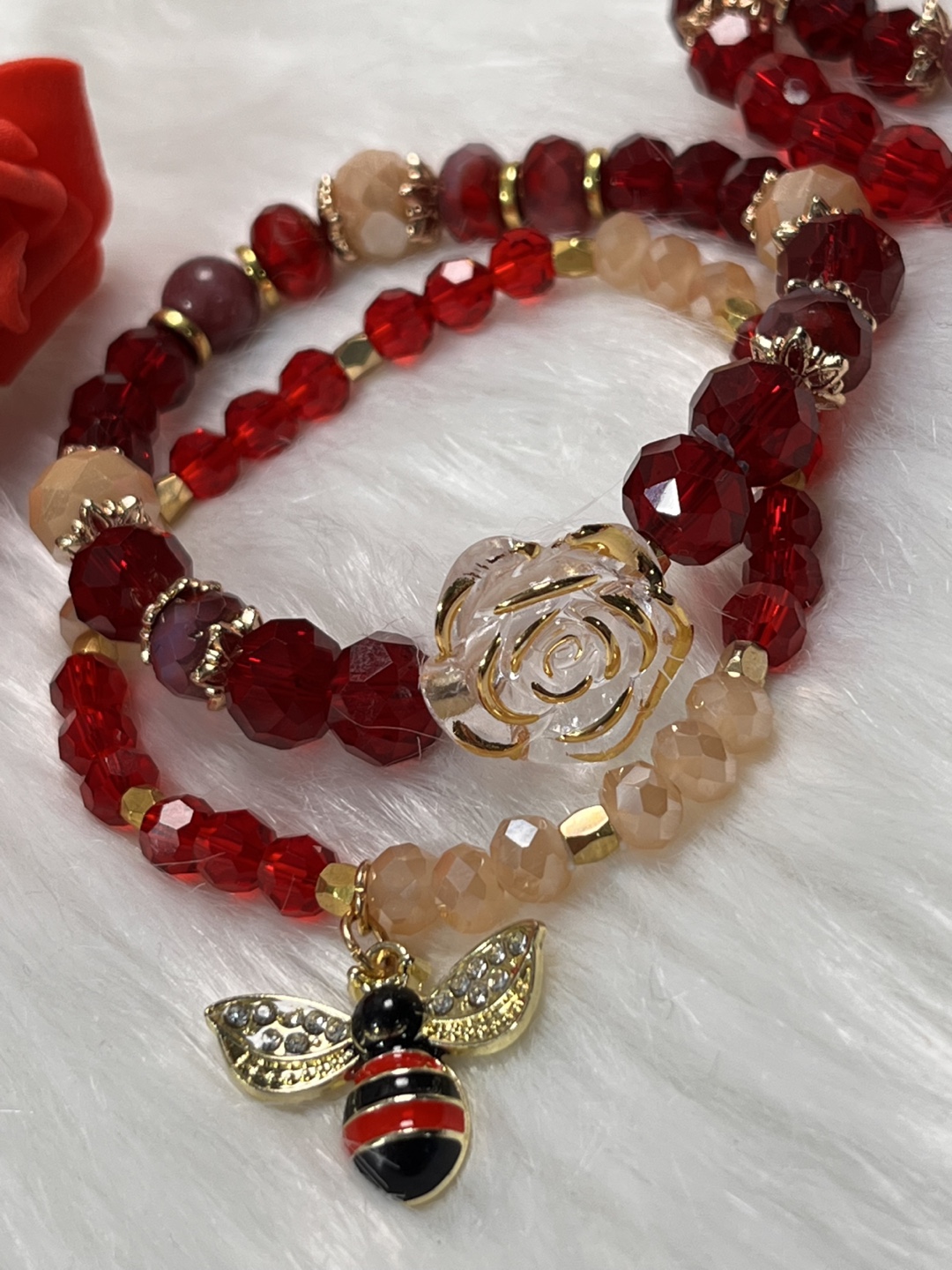 Rose and Bee on Purple Aventurine and Red Crystal Bracelets - photo 5