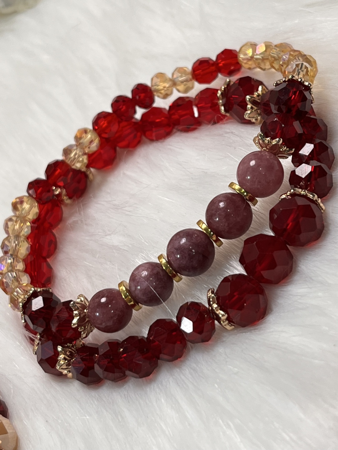 Rose and Bee on Purple Aventurine and Red Crystal Bracelets - photo 4