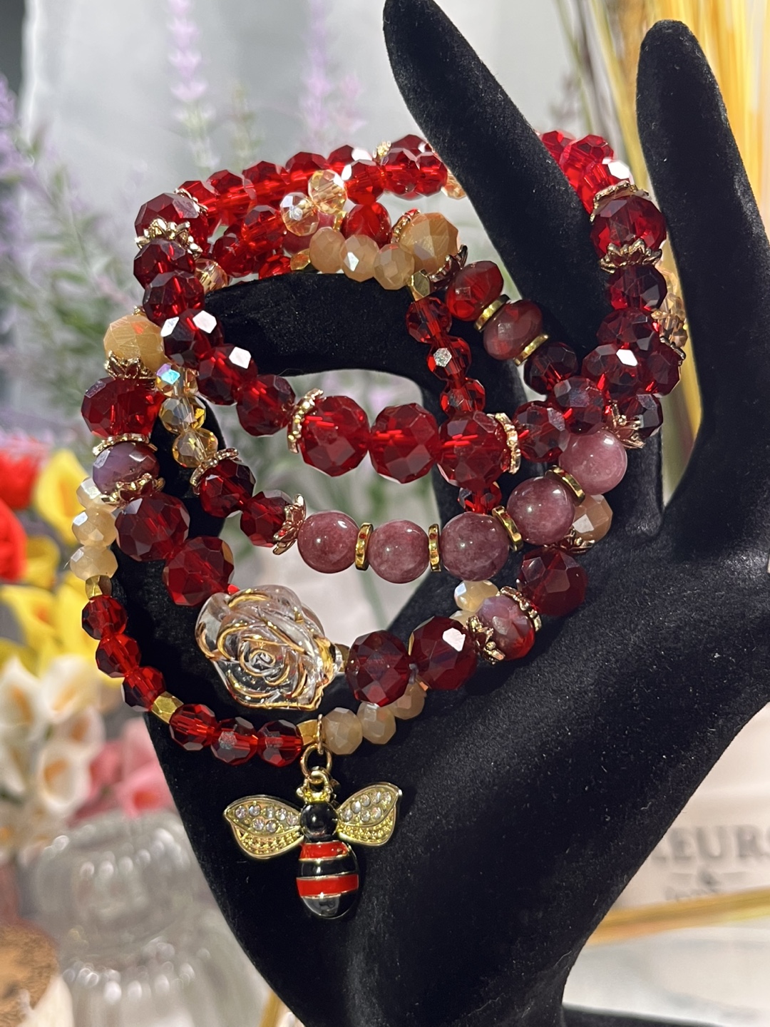 Rose and Bee on Purple Aventurine and Red Crystal Bracelets