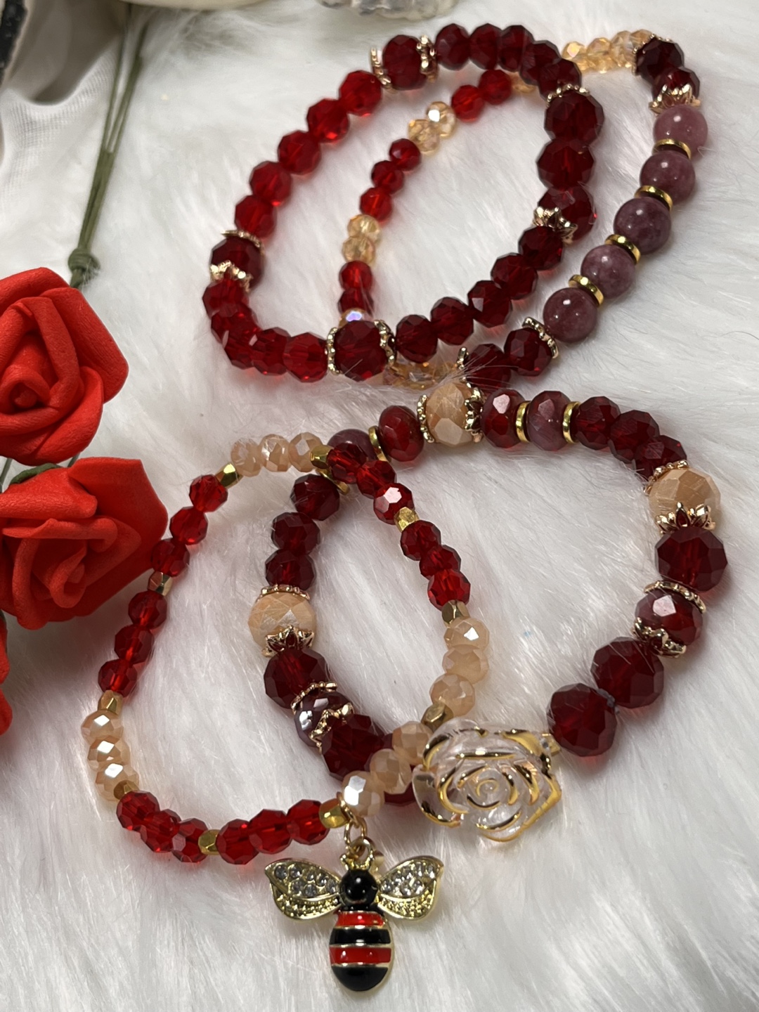 Rose and Bee on Purple Aventurine and Red Crystal Bracelets - photo 3