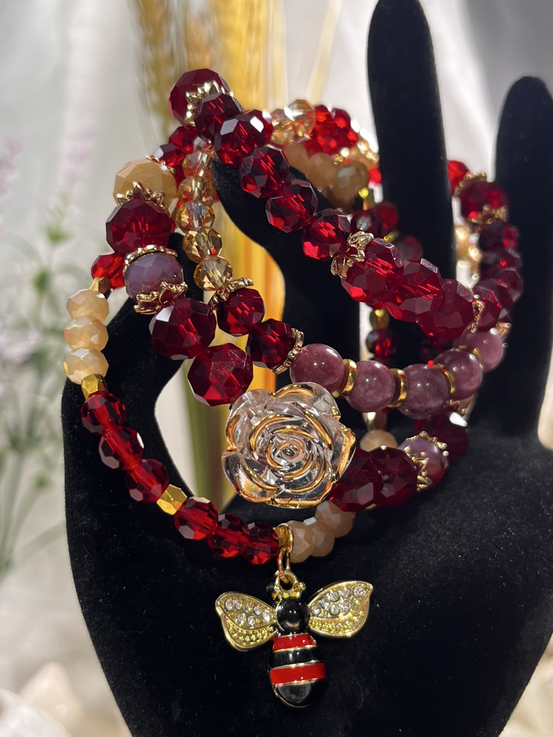 Rose and Bee on Purple Aventurine and Red Crystal Bracelets - photo 2