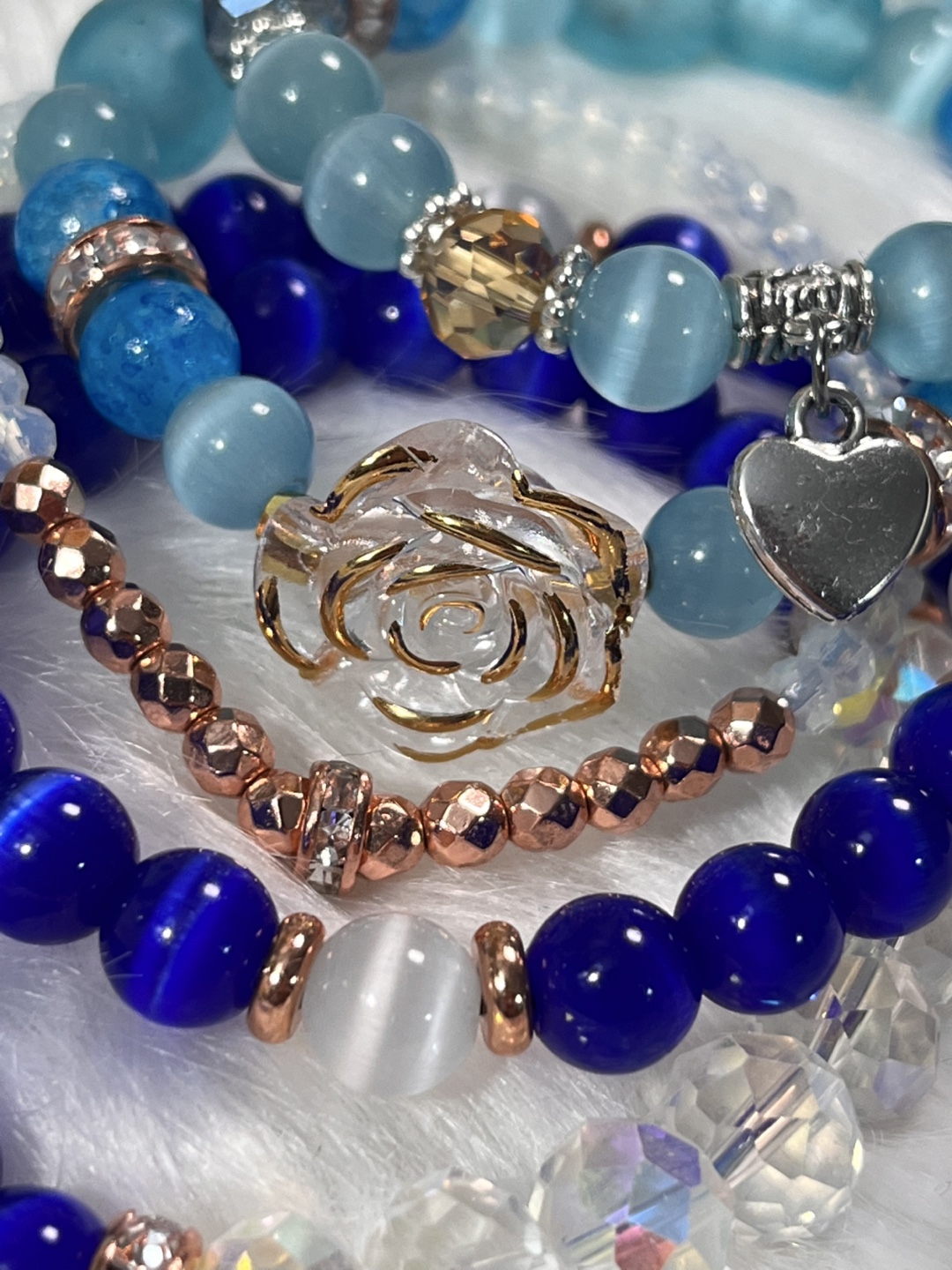 Rose & Butterfly on Blue Cat's Eye,Crackle& Aqua Ghana Bracelet - photo 2