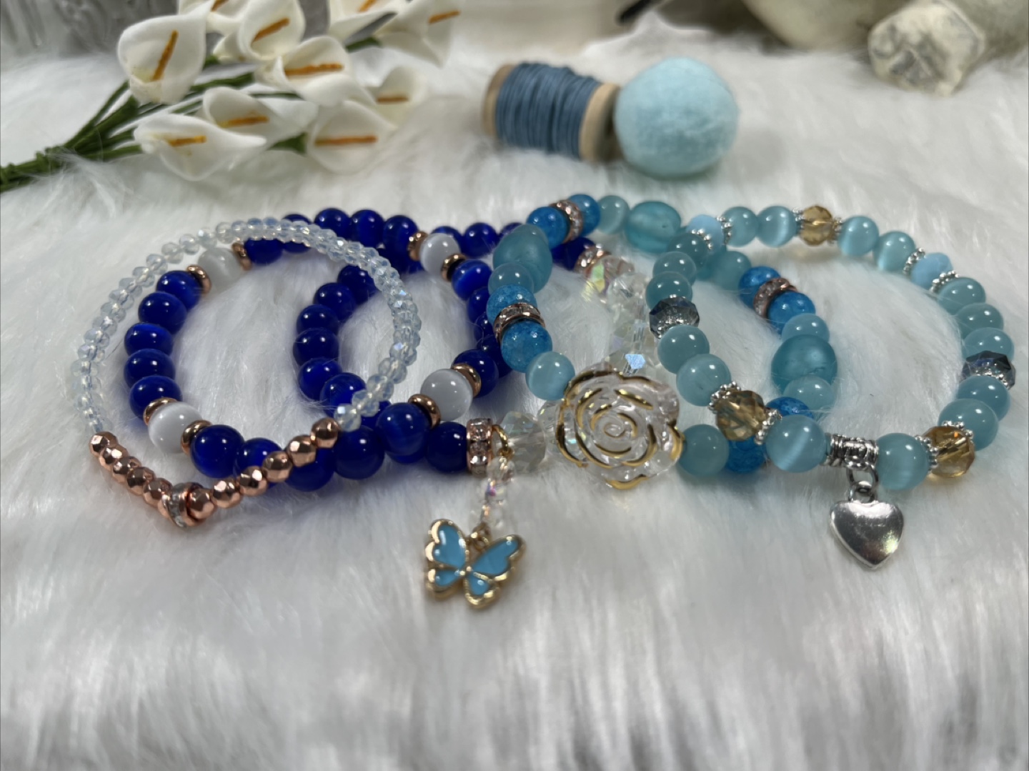 Rose & Butterfly on Blue Cat's Eye,Crackle& Aqua Ghana Bracelet - photo 4