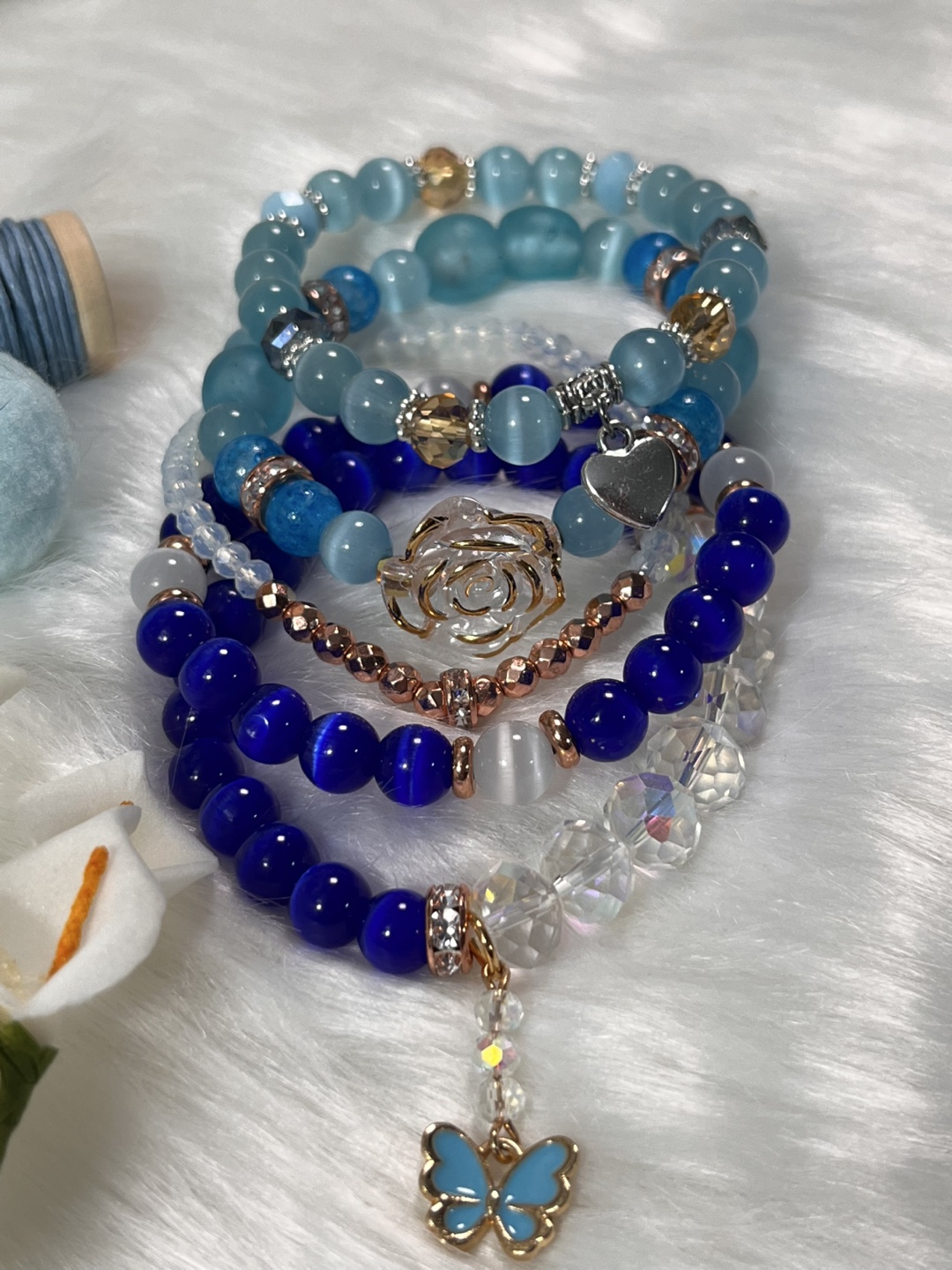 Rose & Butterfly on Blue Cat's Eye,Crackle& Aqua Ghana Bracelet - photo 3