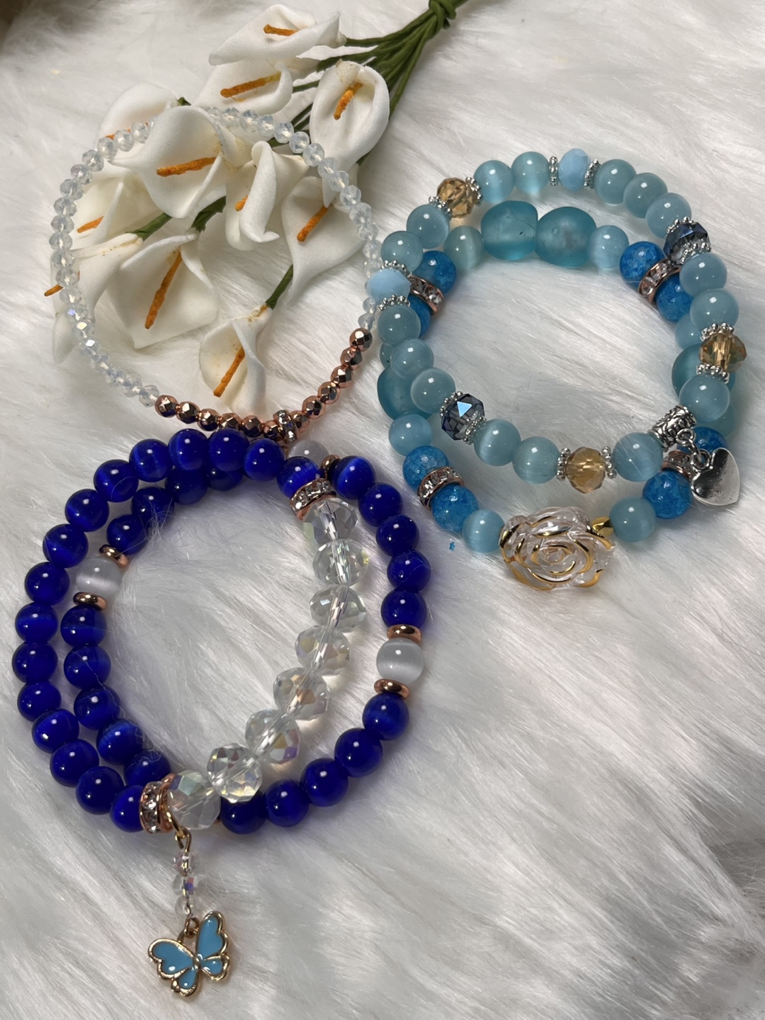 Rose & Butterfly on Blue Cat's Eye,Crackle& Aqua Ghana Bracelet - photo 5