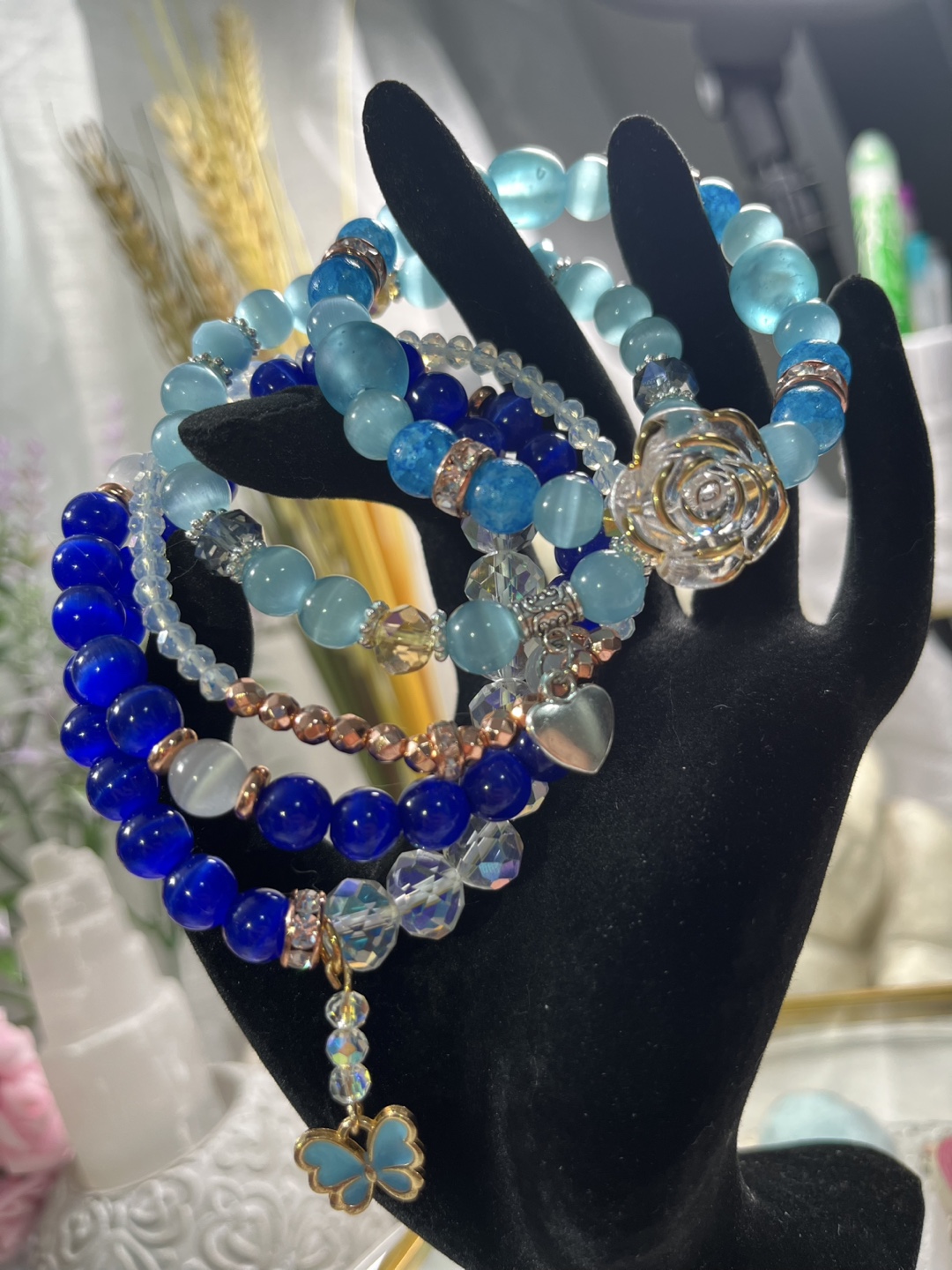 Rose & Butterfly on Blue Cat's Eye,Crackle& Aqua Ghana Bracelet
