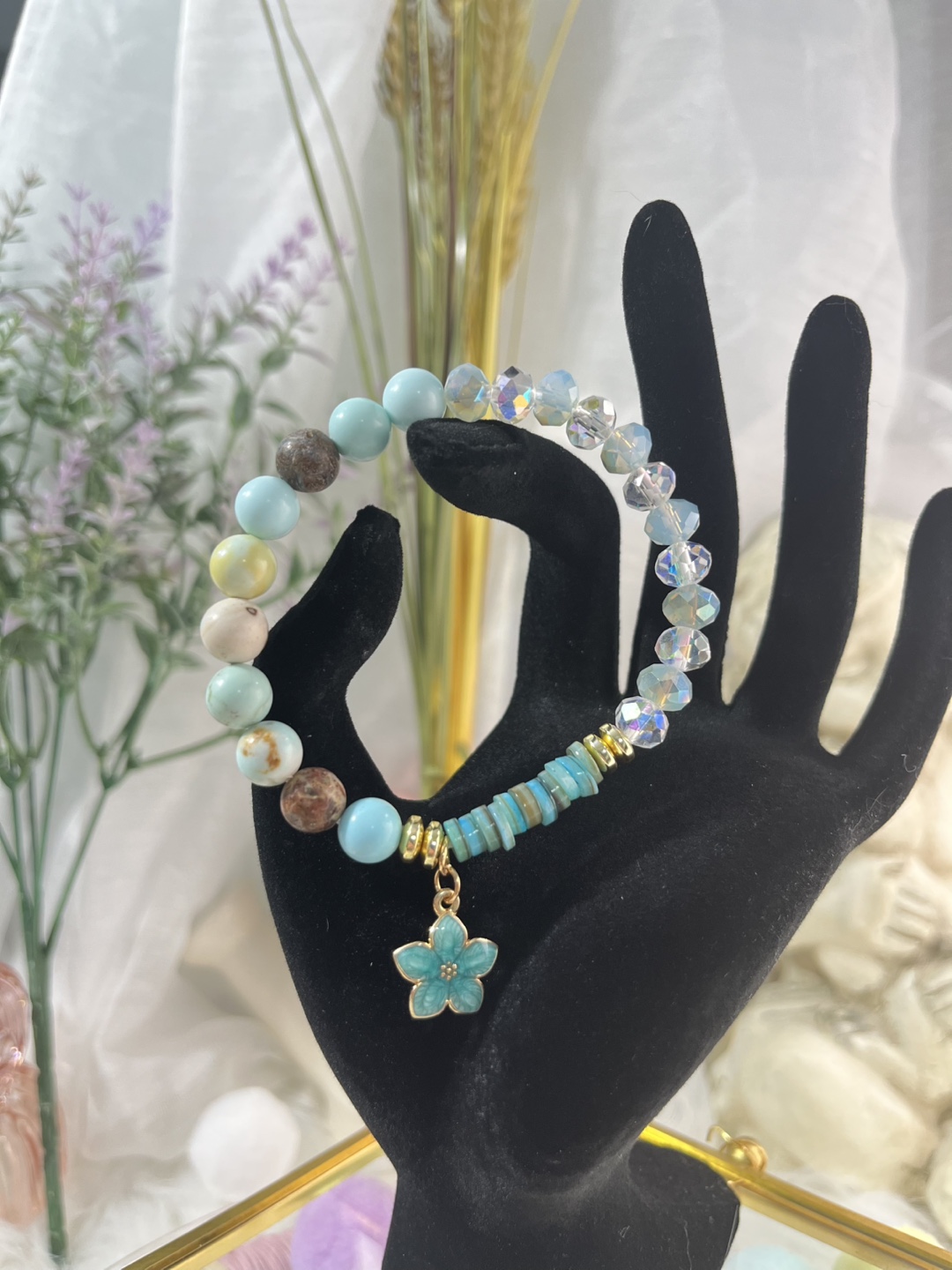 Blue Flower on Retro Tint Magnesite and Heishi Bead Bracelet - photo 2