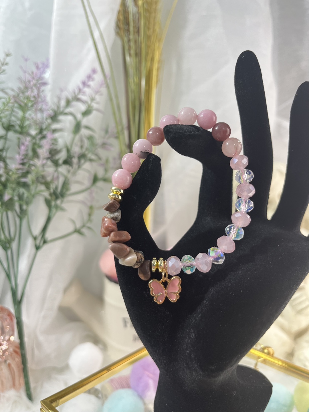 Butterfly on Purple Aventurine and Cherry Blossom Bead Bracelet - photo 4