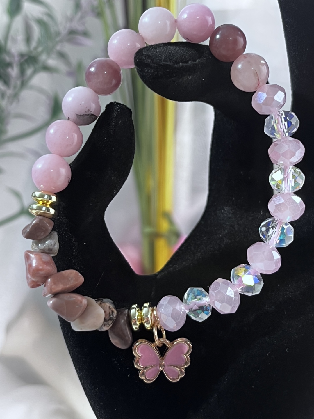 Butterfly on Purple Aventurine and Cherry Blossom Bead Bracelet