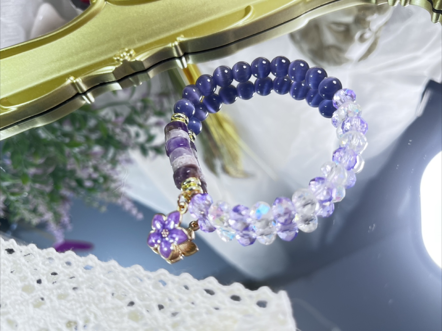 Flower on Amethyst Heishi and Indigo Cat's Eye Bead Bracelet - photo 2