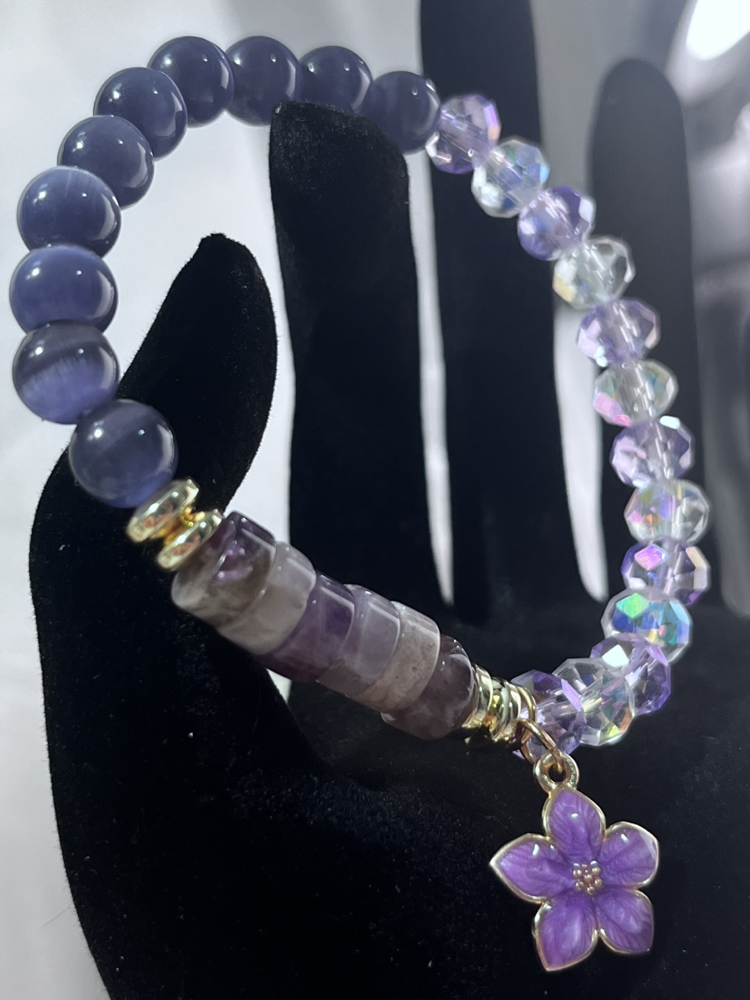 Flower on Amethyst Heishi and Indigo Cat's Eye Bead Bracelet - photo 5