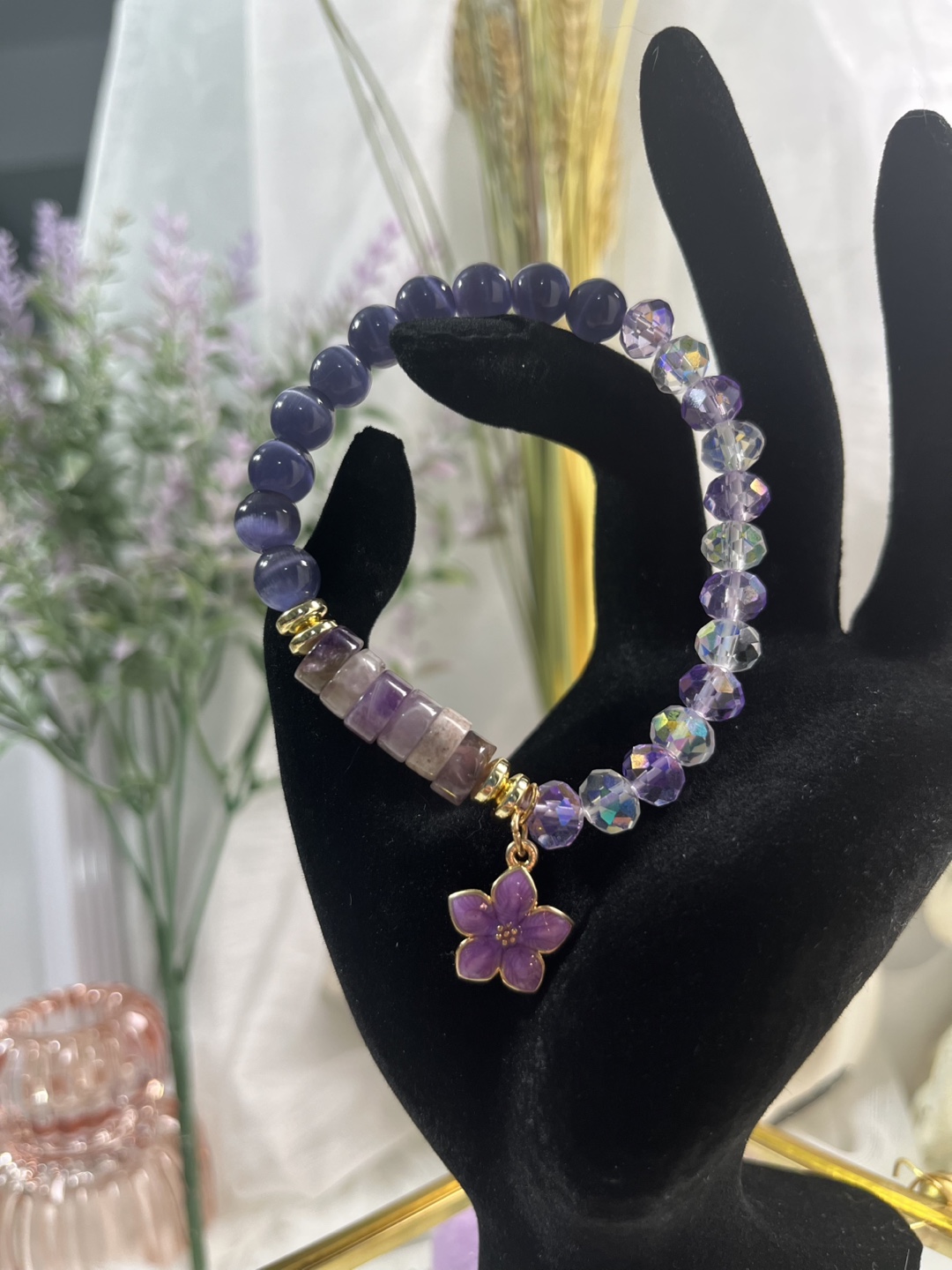 Flower on Amethyst Heishi and Indigo Cat's Eye Bead Bracelet - photo 3