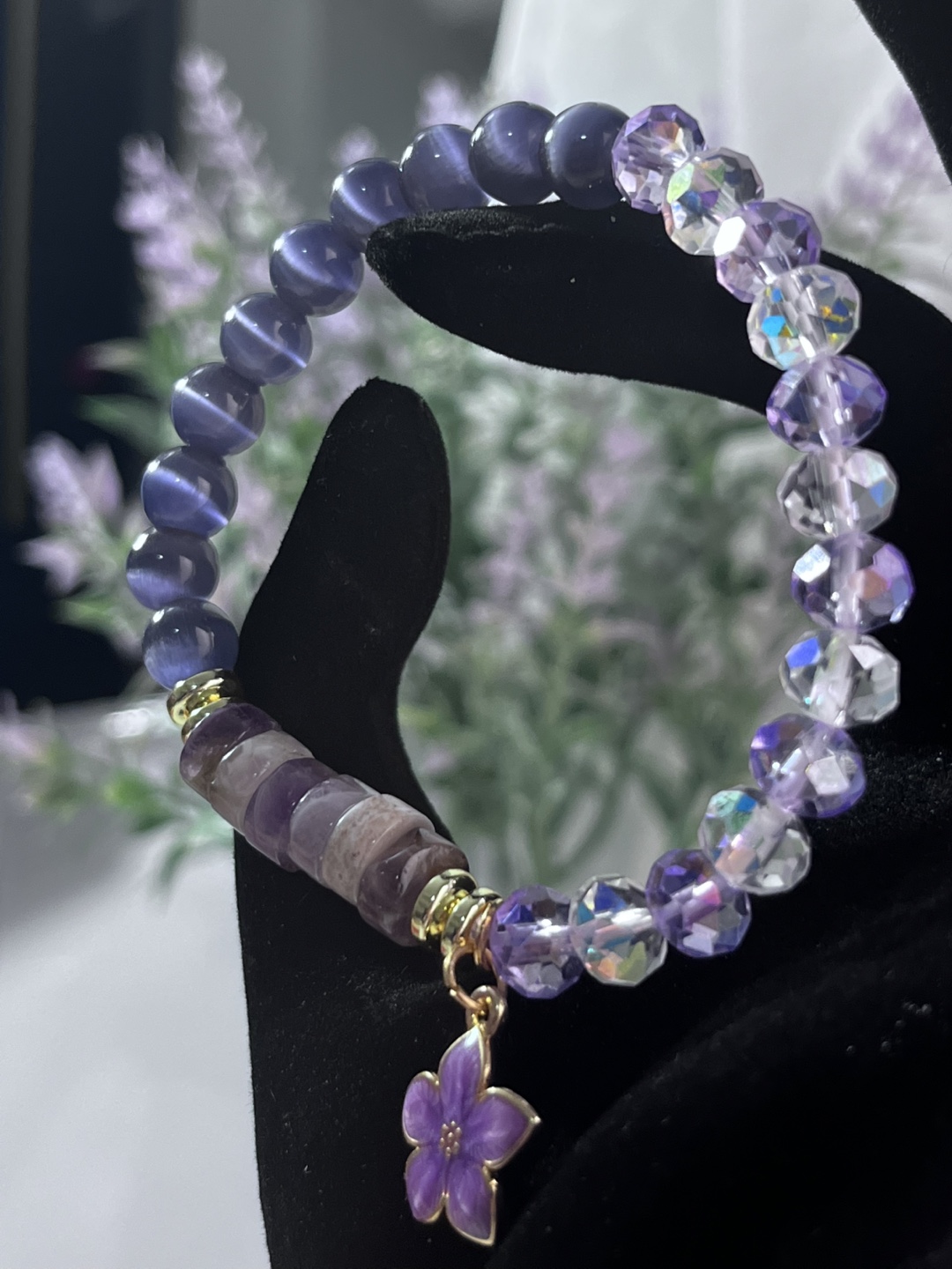 Flower on Amethyst Heishi and Indigo Cat's Eye Bead Bracelet - photo 4