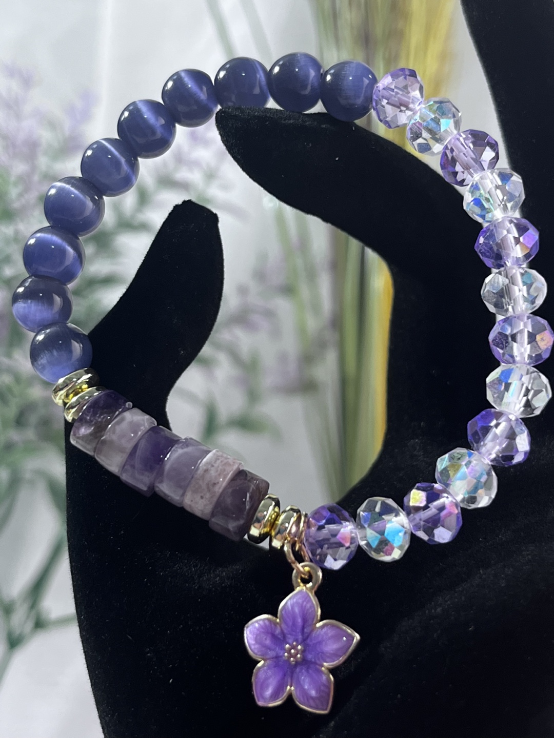 Flower on Amethyst Heishi and Indigo Cat's Eye Bead Bracelet