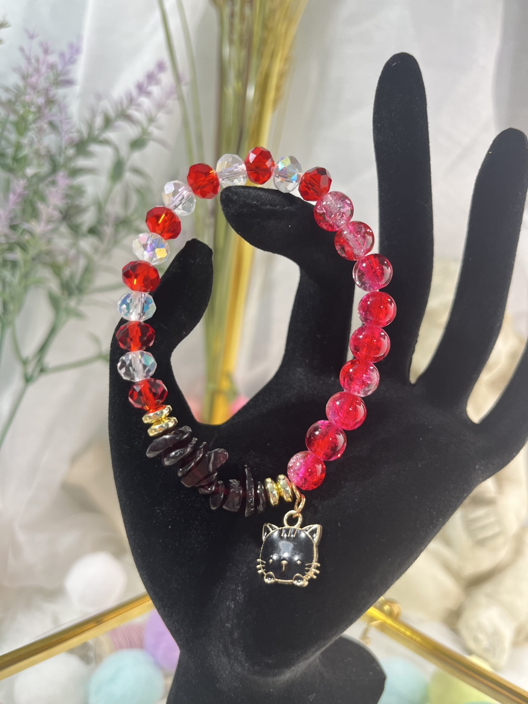 Cat Head Charm on Garnet Chips and Sangria Crackle Bead Bracelet