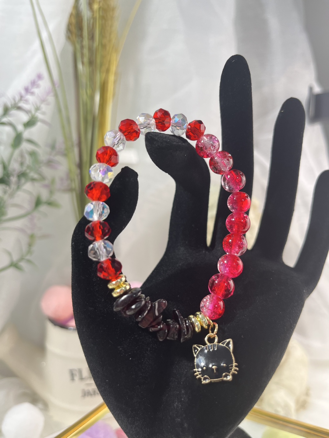 Cat Head Charm on Garnet Chips and Sangria Crackle Bead Bracelet - photo 3