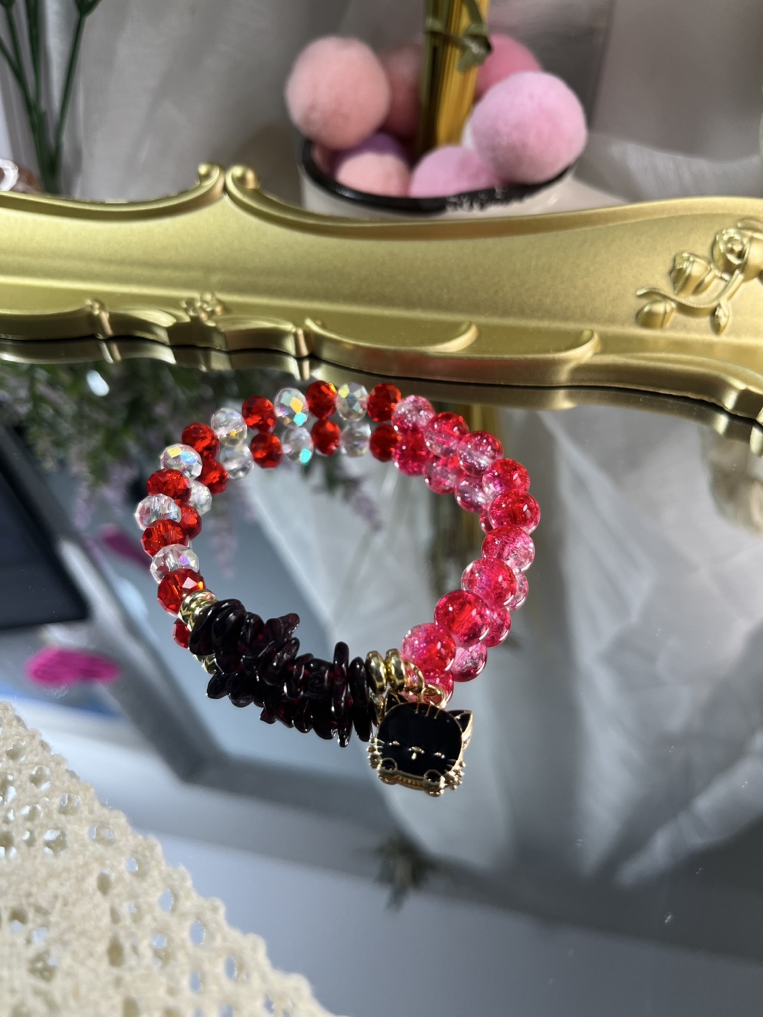 Cat Head Charm on Garnet Chips and Sangria Crackle Bead Bracelet - photo 2