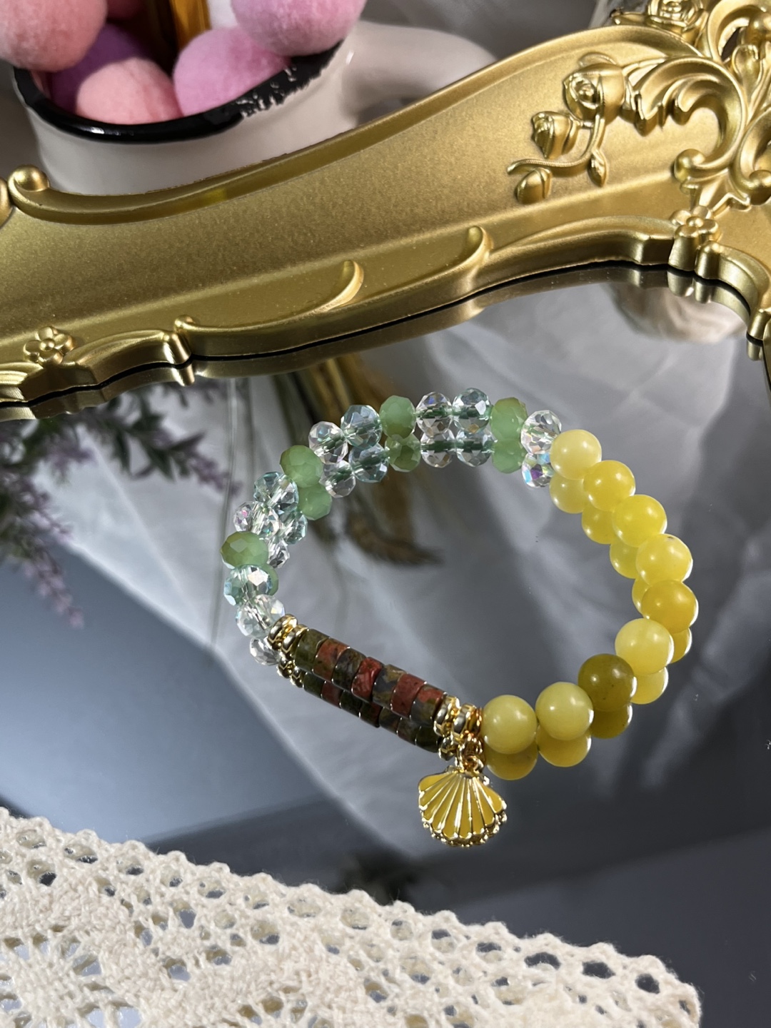 Shell Charm on Opal Bead and Unakite Heishi Bracelet - photo 5