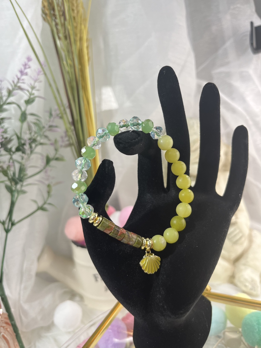 Shell Charm on Opal Bead and Unakite Heishi Bracelet