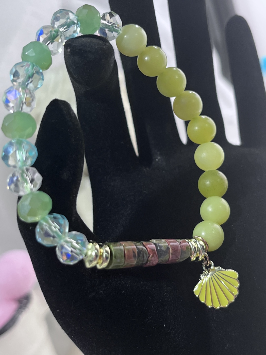 Shell Charm on Opal Bead and Unakite Heishi Bracelet - photo 3