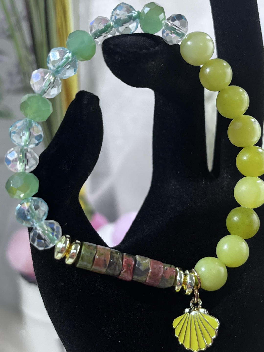 Shell Charm on Opal Bead and Unakite Heishi Bracelet - photo 4