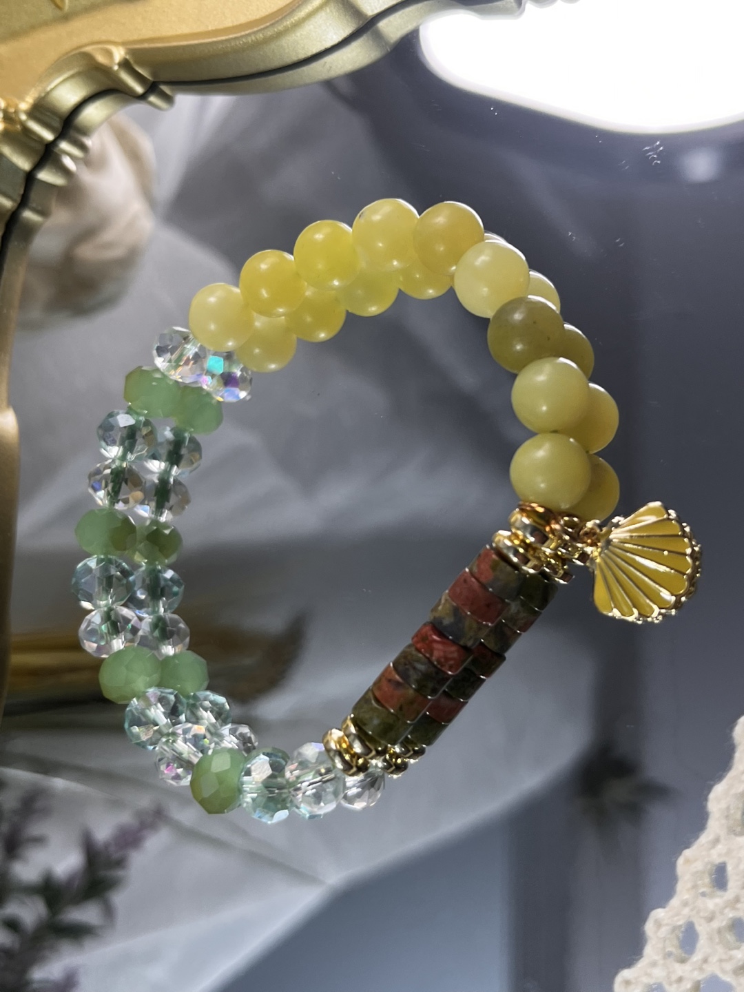 Shell Charm on Opal Bead and Unakite Heishi Bracelet - photo 2