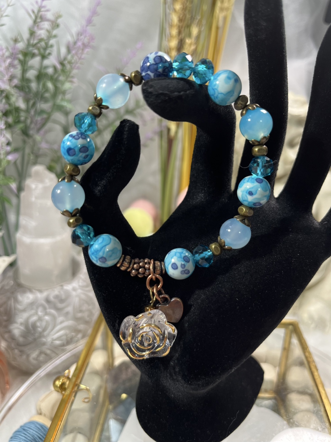 Rose and Heart on Montana Blue and Light Blue Agate Bracelet