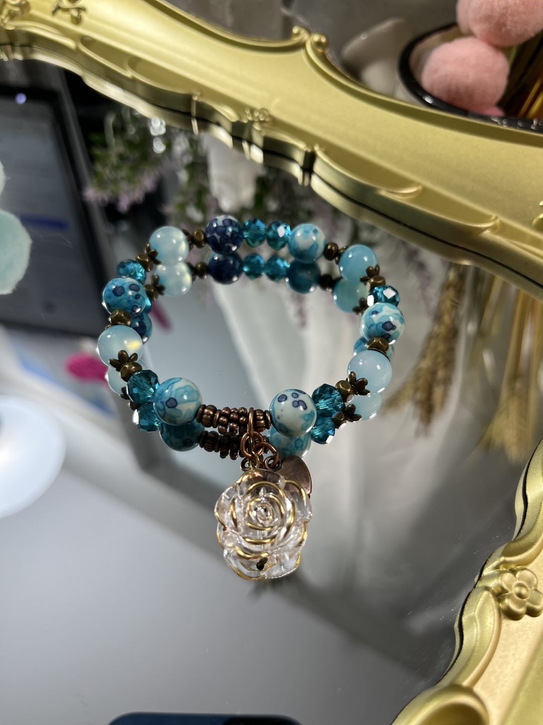 Rose and Heart on Montana Blue and Light Blue Agate Bracelet - photo 4