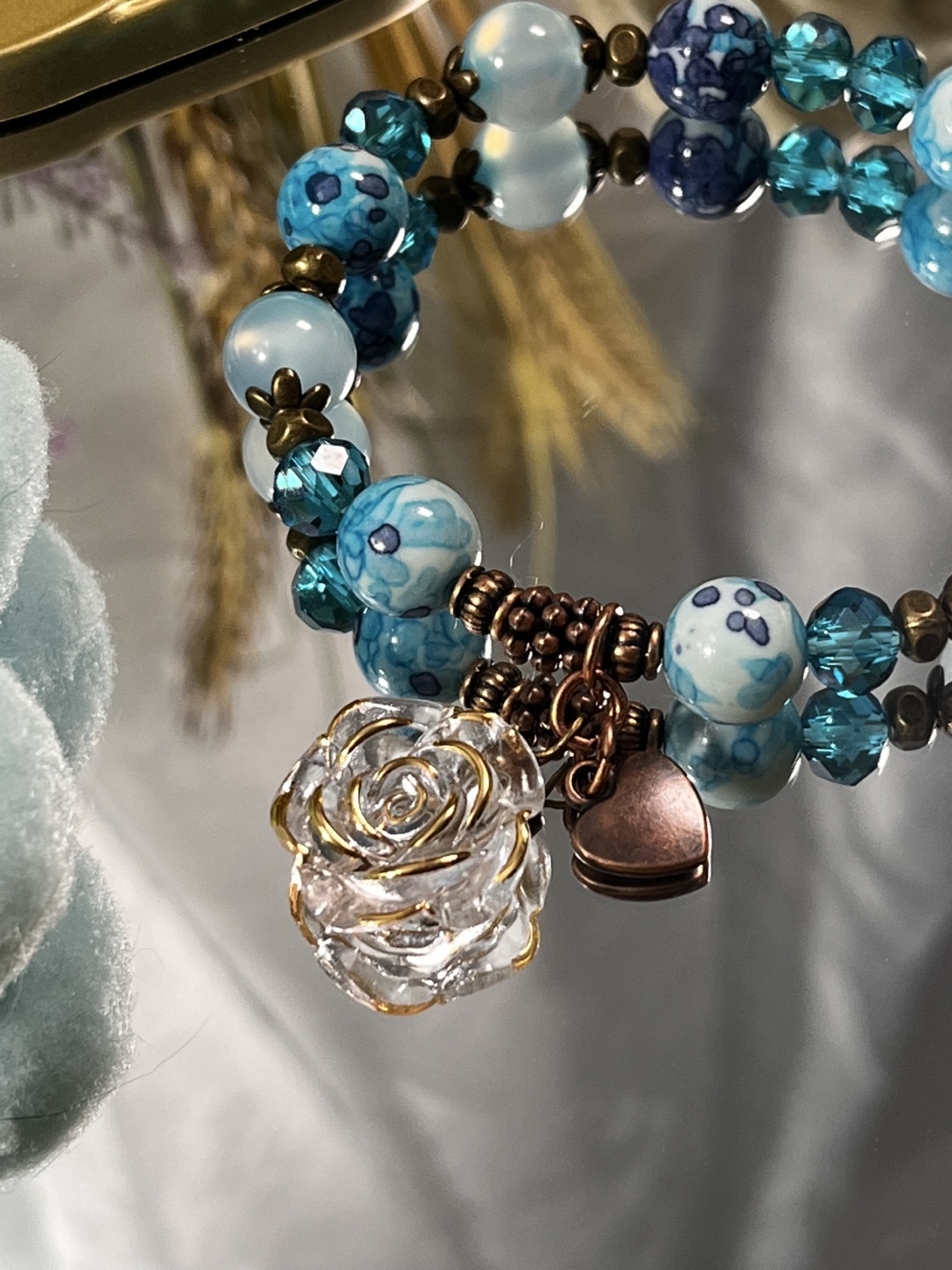 Rose and Heart on Montana Blue and Light Blue Agate Bracelet - photo 5