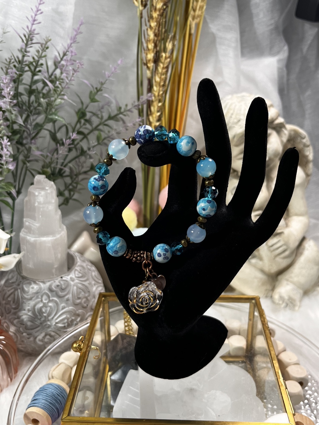 Rose and Heart on Montana Blue and Light Blue Agate Bracelet - photo 2