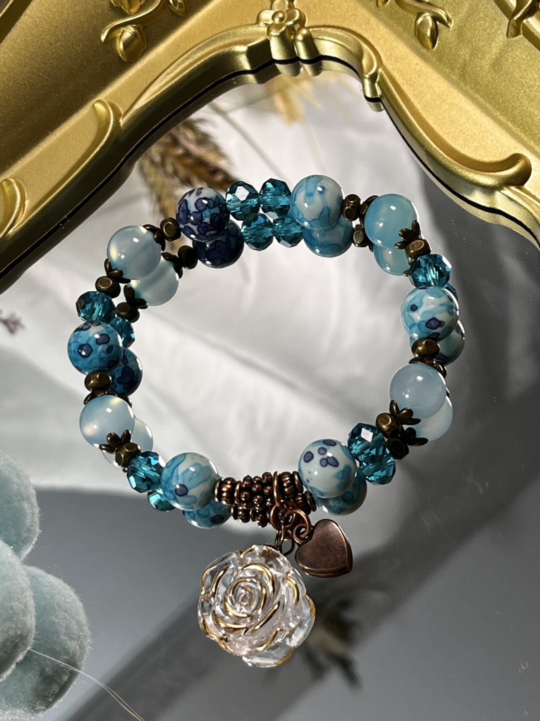 Rose and Heart on Montana Blue and Light Blue Agate Bracelet - photo 3