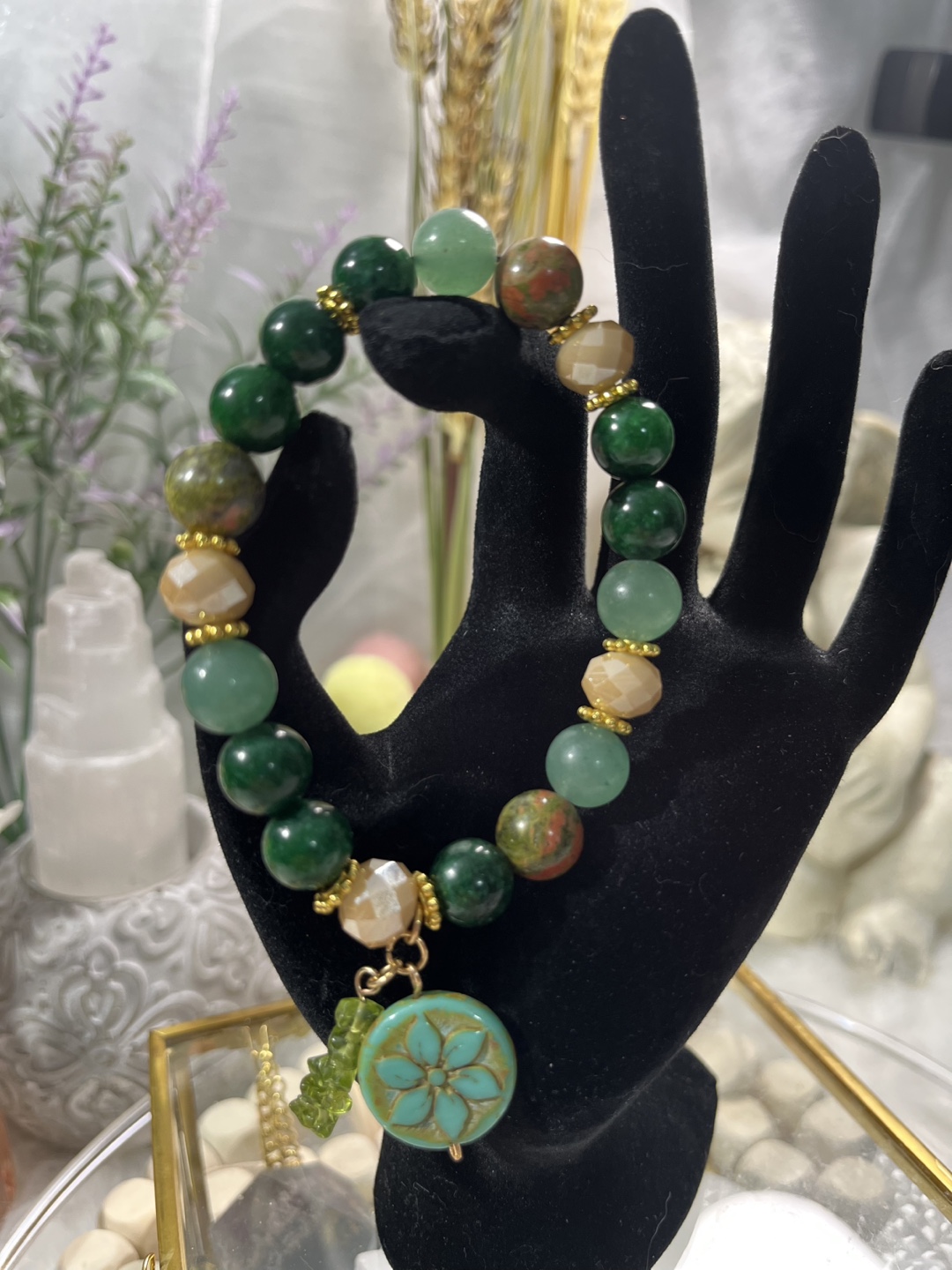 Floral and Peridot on Green Jade, Unakite & Aventurine Bracelet