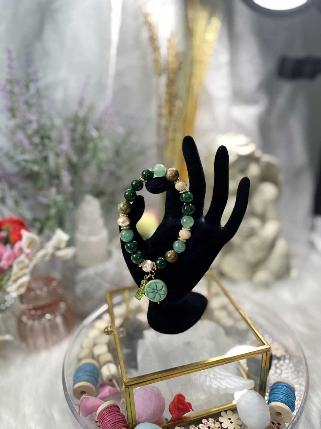 Floral and Peridot on Green Jade, Unakite & Aventurine Bracelet - photo 2