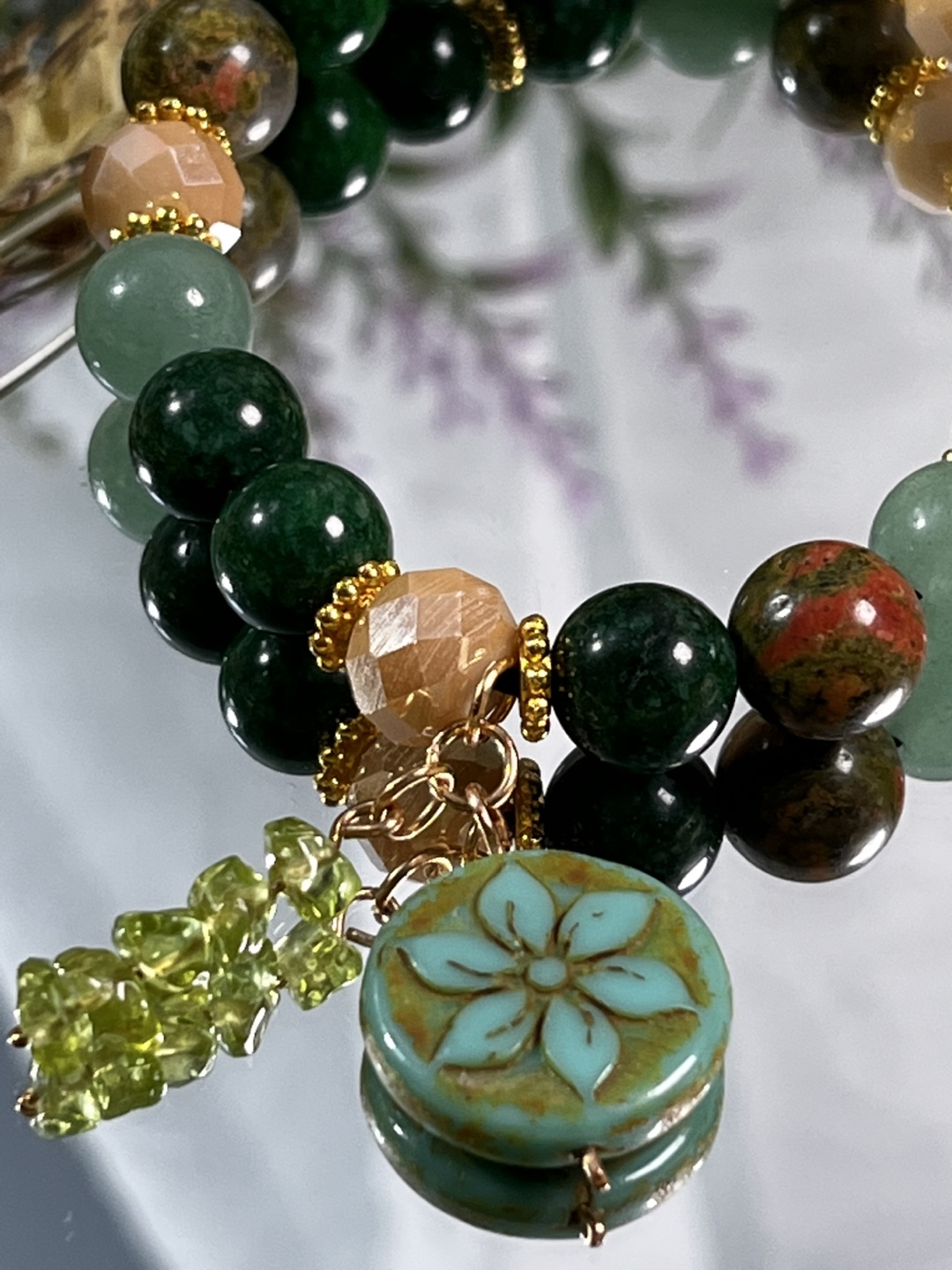 Floral and Peridot on Green Jade, Unakite & Aventurine Bracelet - photo 3