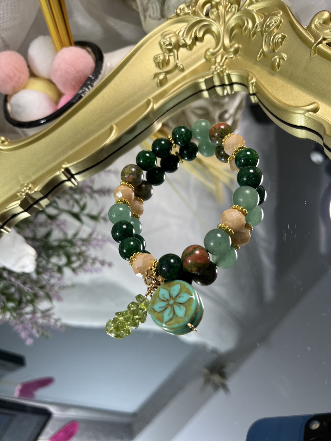 Floral and Peridot on Green Jade, Unakite & Aventurine Bracelet - photo 5