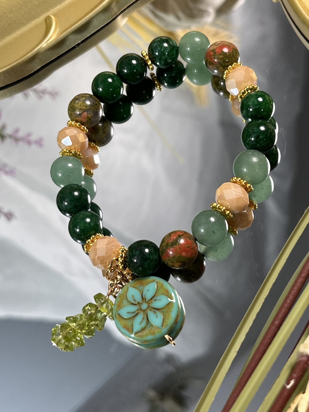 Floral and Peridot on Green Jade, Unakite & Aventurine Bracelet - photo 4