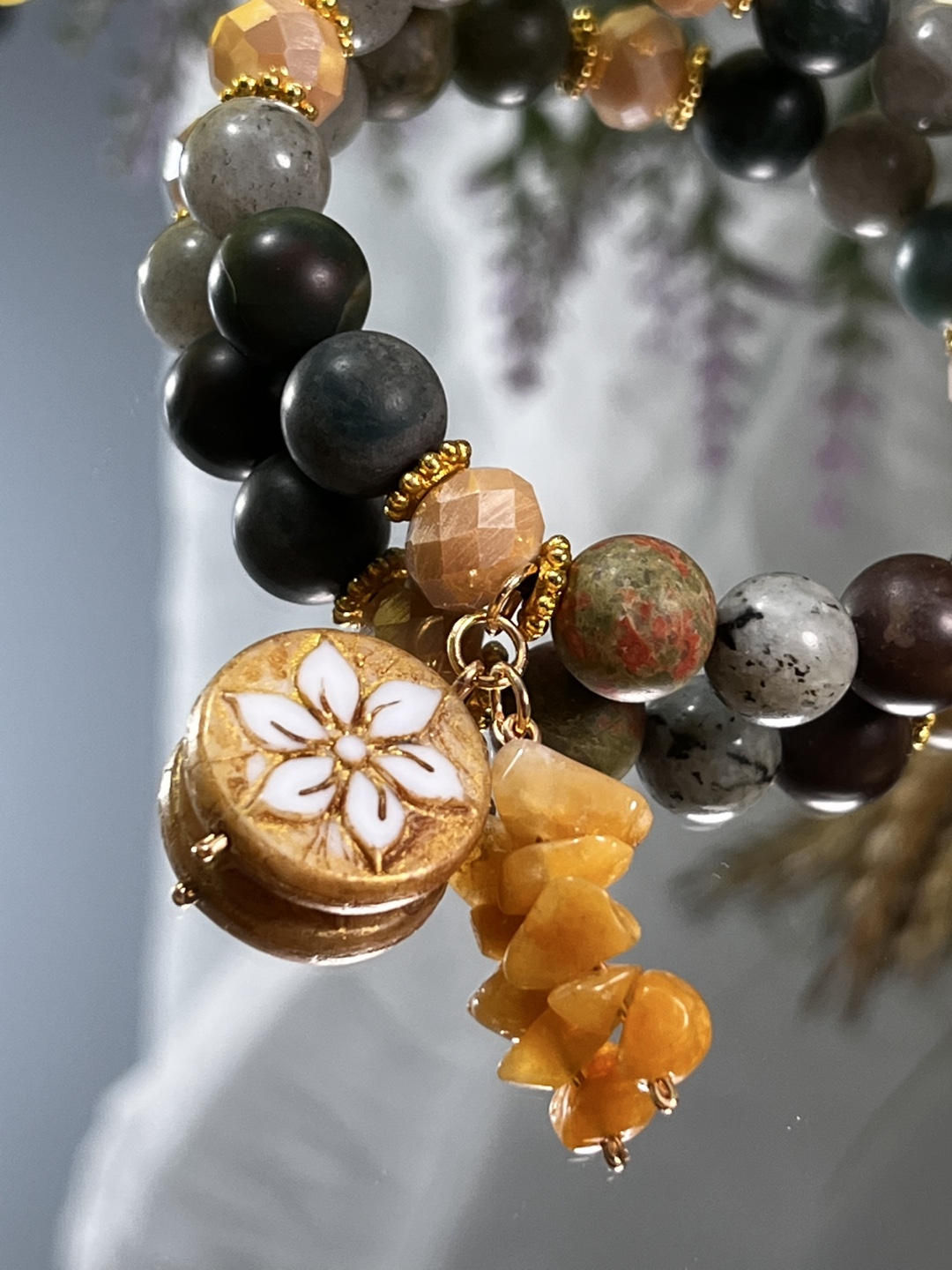 Floral on Unakite, Labradorite, Moss Agate & Aventurine Bracelet - photo 5