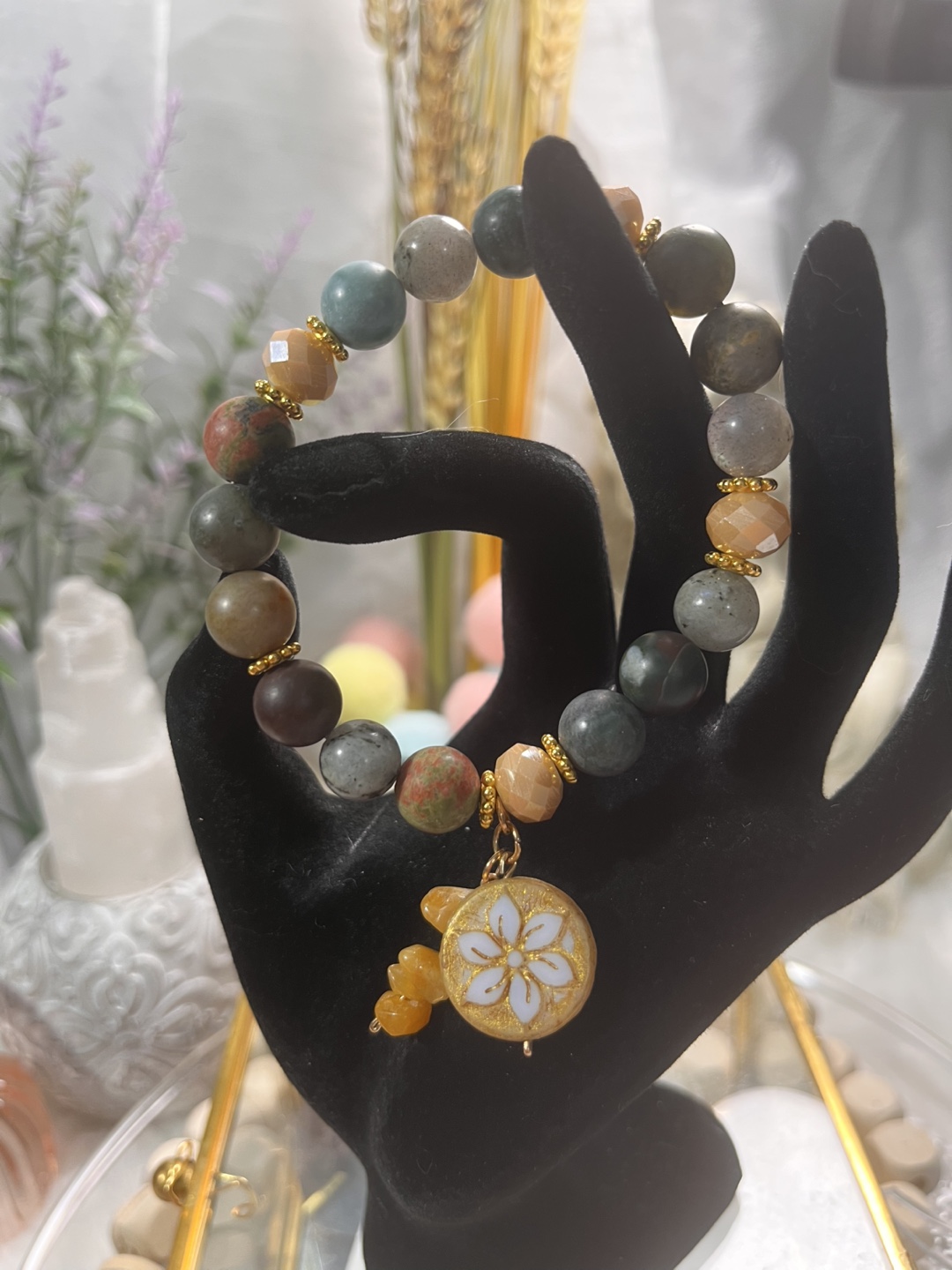Floral on Unakite, Labradorite, Moss Agate & Aventurine Bracelet