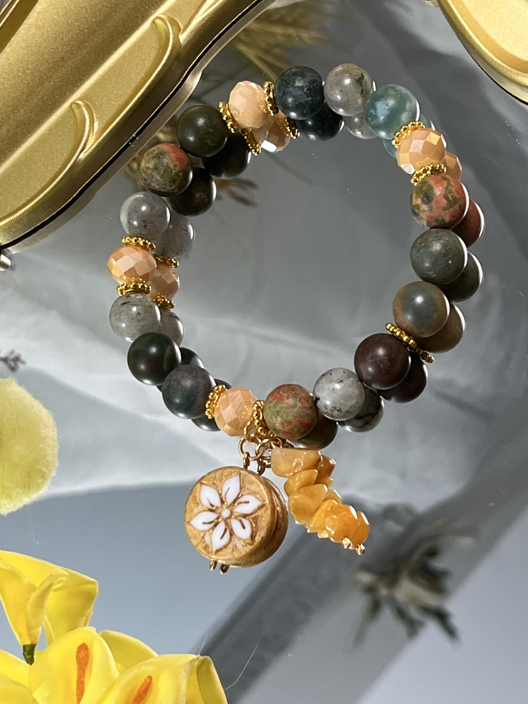 Floral on Unakite, Labradorite, Moss Agate & Aventurine Bracelet - photo 3