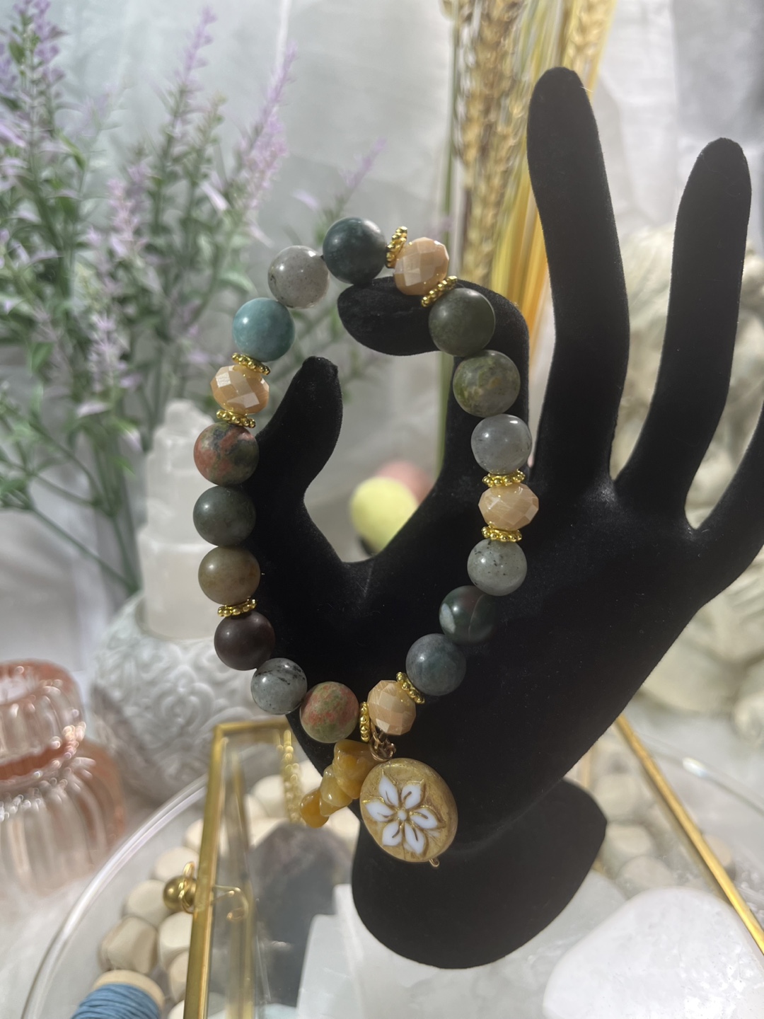 Floral on Unakite, Labradorite, Moss Agate & Aventurine Bracelet - photo 2