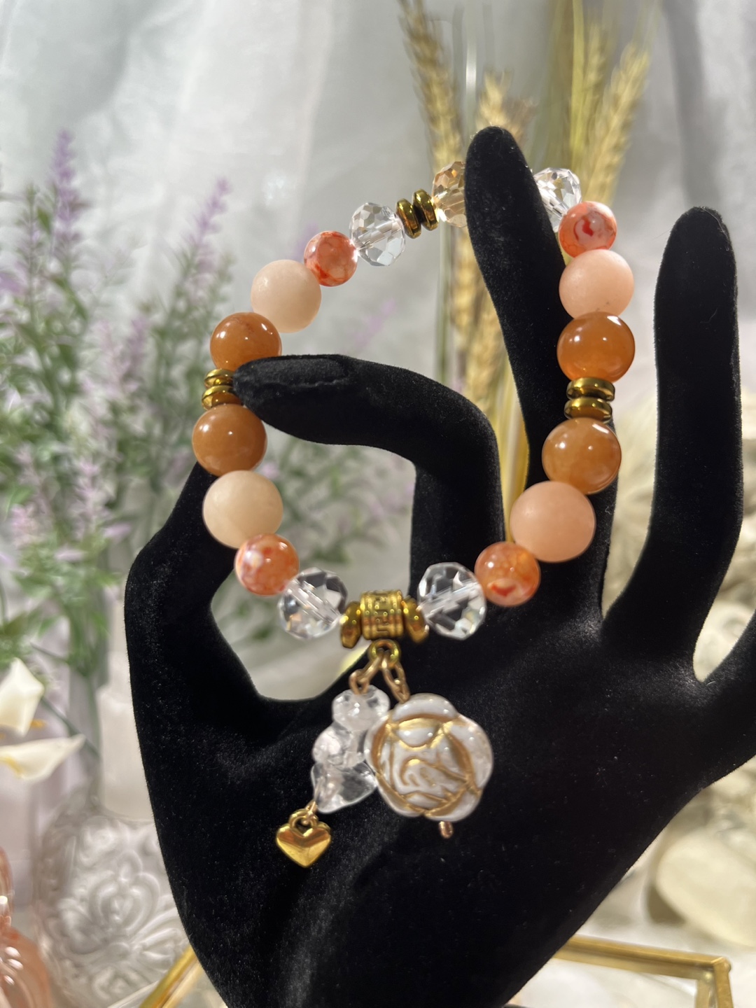 Flower on Tangerine Agate and Aventurine Bead Bracelet - photo 3