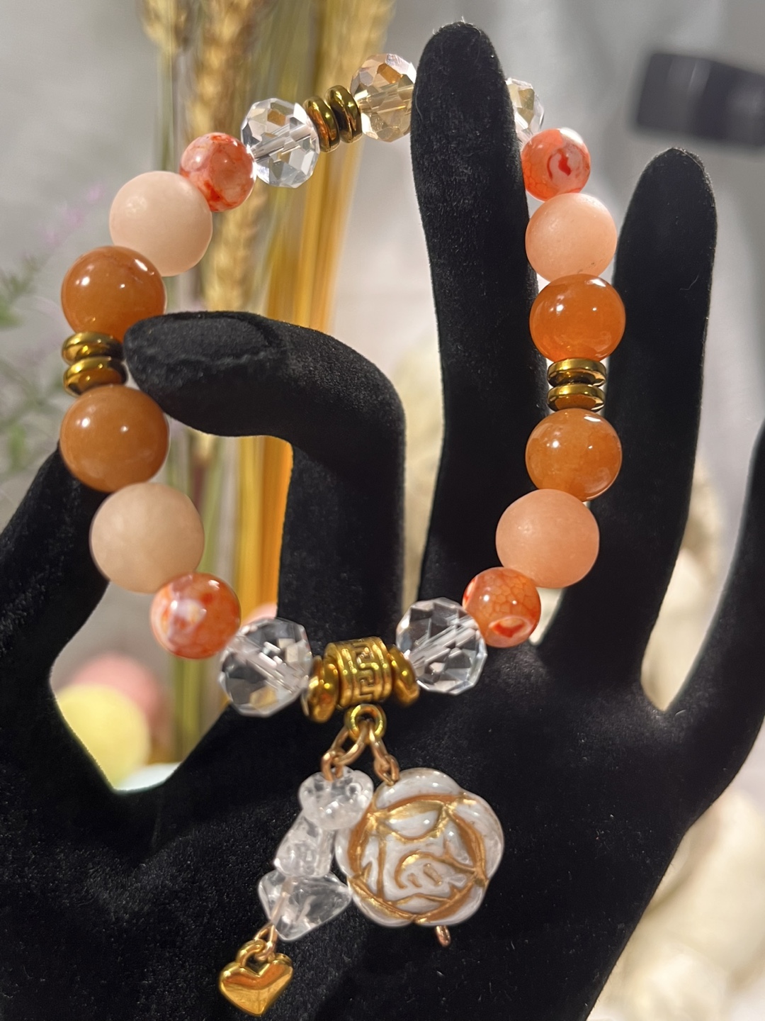 Flower on Tangerine Agate and Aventurine Bead Bracelet