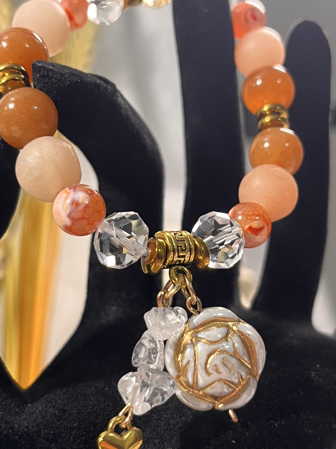 Flower on Tangerine Agate and Aventurine Bead Bracelet - photo 2