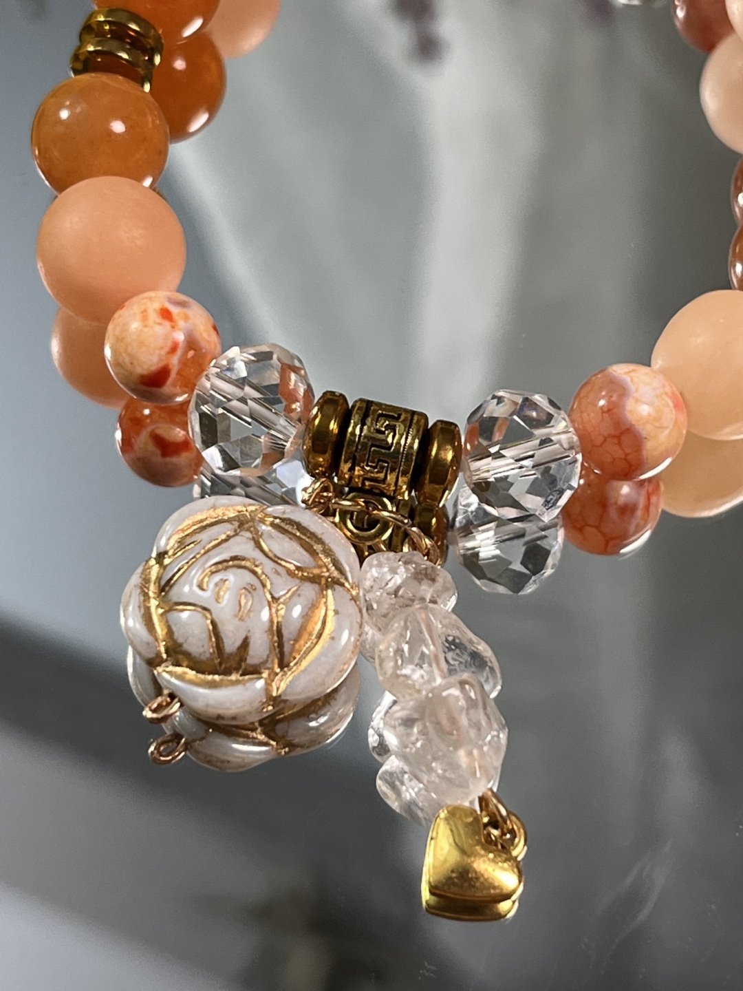 Flower on Tangerine Agate and Aventurine Bead Bracelet - photo 4
