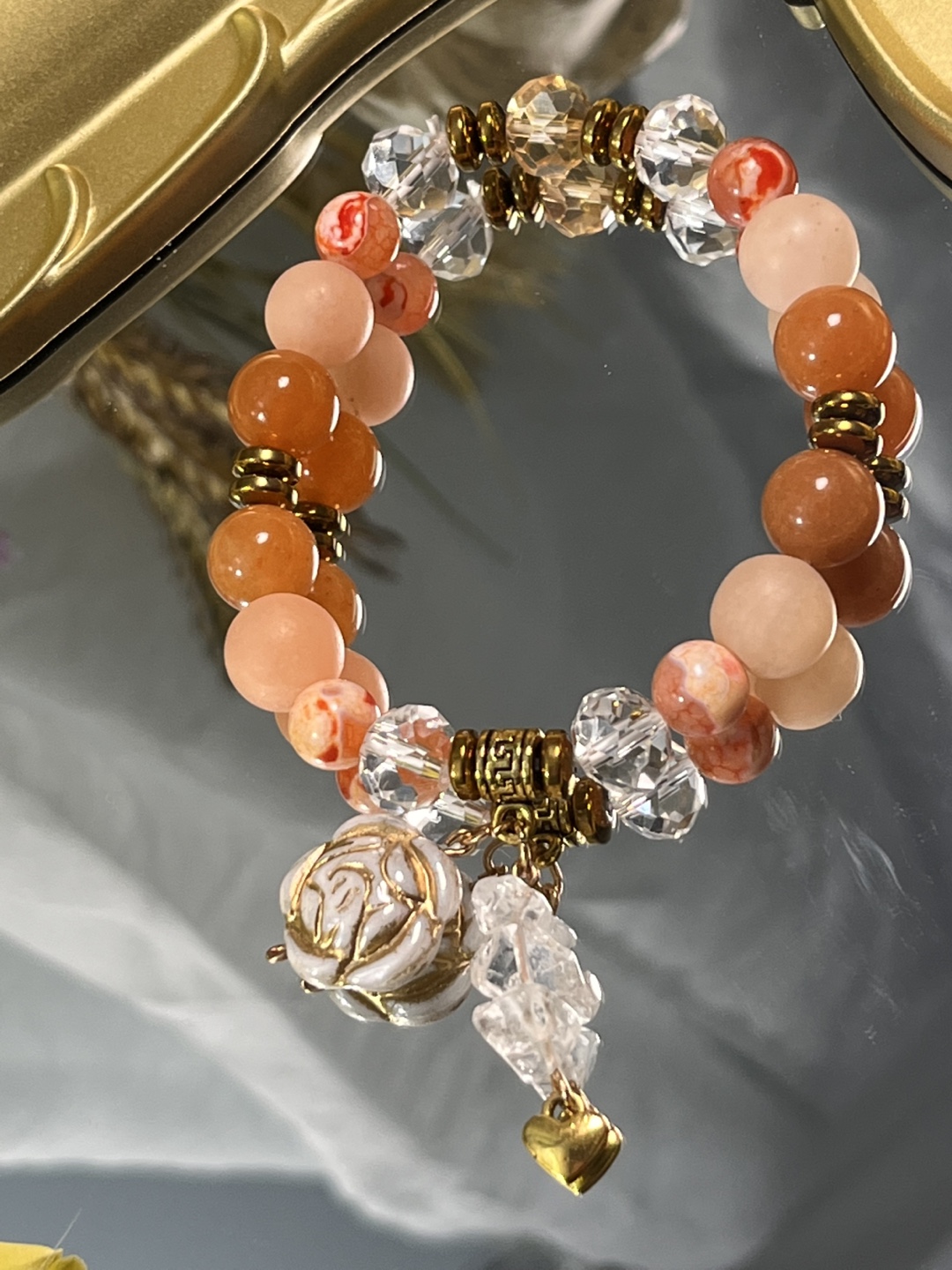 Flower on Tangerine Agate and Aventurine Bead Bracelet - photo 5